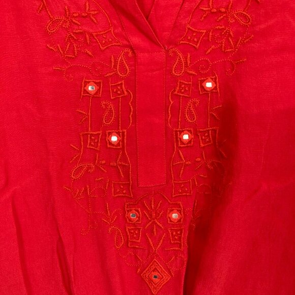 Chico's Red Embroidered Embellished Y Neck Tie Front Relaxed Comfy Top Large/2 - Picture 5 of 10